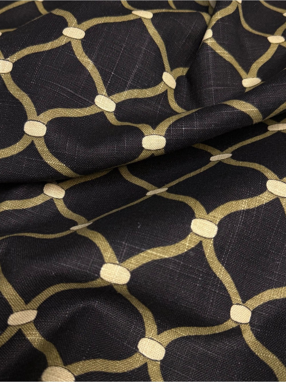 Fabric Remnant Over 1 Yard Mill CreekNavy and Gold Diamond Trellis Linen